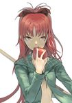  apple biting casual food fruit hair_ribbon highres hood hoodie jacket long_hair looking_at_viewer mahou_shoujo_madoka_magica nuda open_clothes open_jacket polearm ponytail red_eyes red_hair ribbon sakura_kyouko simple_background solo spear weapon 