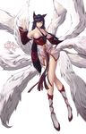  absurdres ahri animal_ears bare_shoulders black_hair breasts bryan_song character_name cleavage collarbone detached_sleeves facial_mark fox_ears fox_tail highres kneehighs korean_clothes large_breasts league_of_legends long_hair low_neckline multiple_tails nail_polish simple_background solo tail whisker_markings white_background white_legwear yellow_eyes 