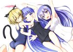  :d :o animal_ears armpits ass bad_id bad_pixiv_id bangs black_school_swimsuit blonde_hair blue_hair blue_swimsuit blunt_bangs bunny_ears cat_ears cat_tail covered_navel fang furude_rika gennsuikyou hanyuu highres higurashi_no_naku_koro_ni horns houjou_satoko long_hair looking_at_viewer looking_back multiple_girls one-piece_swimsuit open_mouth parted_lips purple_eyes purple_hair school_swimsuit short_hair simple_background smile strap_slip swimsuit tail thigh_gap very_long_hair white_background white_school_swimsuit white_swimsuit yellow_eyes 