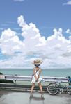  arms_behind_back back bag bare_arms bare_legs bare_shoulders basket bicycle bicycle_basket blue_hair blue_sky cloud day dress from_behind ground_vehicle guard_rail hands_together hat hat_ribbon highres horizon kurayami_joe legs_apart nape no_socks ocean original outdoors pavement ribbon road shoes short_hair shoulder_bag sign sky sleeveless sleeveless_dress solo standing striped striped_ribbon sundress tan white_dress white_footwear wide_shot wind 