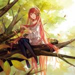  absurdly_long_hair bare_shoulders bow cotta dress full_body hair_bow hairband holding holding_hair in_tree leaf long_hair looking_at_viewer nest open_mouth original pantyhose red_eyes red_hair shoes sitting sitting_in_tree solo sunlight tree very_long_hair 