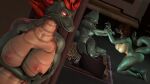  3d_(artwork) anthro bras_(petruz) breasts brown_hair digital_media_(artwork) feet female female/female fingers green_body green_scales green_tail group hair hi_res lizard_(petruz) nipples non-mammal_breasts non-mammal_nipples nude_anthro nude_female red_hair scales scalie snake_(petruz) svetlanasol tail trio 