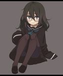  black_eyes black_hair black_legwear blush full_body glasses highres loafers long_hair long_sleeves looking_at_viewer original oversized_clothes oza_watto pantyhose school_uniform serafuku shoes simple_background skirt sleeves_past_wrists solo 