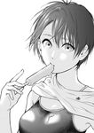  absurdres adidas food greyscale highres looking_at_viewer monochrome mouth_hold nekomato one-piece_swimsuit original popsicle short_hair simple_background solo swimsuit 