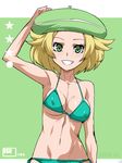  bel_(pokemon) bikini blonde_hair green_background green_bikini green_eyes green_hat grin hat jaga_note navel pokemon short_hair side-tie_bikini smile solo swimsuit 