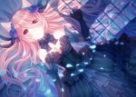  animal_ears aquariumtama black_gloves bow breasts cat_ears cleavage dress elbow_gloves frilled_dress frills gloves long_hair looking_at_viewer lying medium_breasts original petals pink_eyes pink_hair solo 