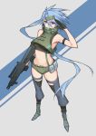  1girl absurdres arm_strap armpits ash-12.7 ash-12.7_(girls_frontline) assault_rifle bangs bare_shoulders black_gloves black_legwear black_shirt blue_footwear blue_hair breasts commentary_request covering_mouth crop_top floating_hair full_body girls_frontline gloves green_shorts green_vest grey_background gun hair_between_eyes hair_ornament hand_up highres hongchajun legs_apart long_hair looking_at_viewer medium_breasts micro_shorts midriff navel purple_eyes rifle salute shirt shoes shorts sleeveless sleeveless_shirt solo standing stomach thighhighs turtleneck v-shaped_eyebrows very_long_hair vest weapon 
