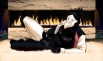  anthro avian bgn bird black_body clothing darkner deltarune genitals lying male on_side penis presenting presenting_penis solo swatch_(deltarune) swatchling teasing teasing_viewer undertale_(series) undressing 