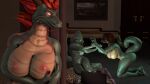  3d_(artwork) anthro bras_(petruz) breasts brown_hair digital_media_(artwork) feet female female/female fingers green_body green_scales green_tail group hair hi_res lizard_(petruz) nipples non-mammal_breasts non-mammal_nipples nude_anthro nude_female red_hair scales scalie snake_(petruz) svetlanasol tail trio 