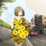  brown_eyes brown_hair building car cloud commentary day floral_print flower ground_vehicle highres jewelry motor_vehicle necklace original poncho road sidewalk sky smile solo sunflower umbrella yajirushi_(chanoma) 