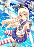  &gt;_&lt; 1girl :3 black_panties blonde_hair blush elbow_gloves eyes_closed gloves hairband highleg highleg_panties kantai_collection long_hair looking_at_viewer ocean panties rensouhou-chan school_uniform serafuku shimakaze_(kantai_collection) shinekalta skirt sky small_breasts striped striped_legwear thighhighs thong underwear white_gloves 