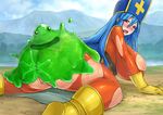  1girl anal anus areolae ass blue_hair bodysuit boots breasts chunsoft clothed_sex dragon_quest dragon_quest_iii enix female from_behind glasses gloves hat huge_breasts large_areolae leotard long_hair looking_back lying mesiuma_joutai monster no_bra no_panties on_ground on_stomach open_mouth priest_(dq3) puffy_nipples purple_eyes pussy sex slime slime_(dragon_quest) solo sweat torn_clothes uncensored 