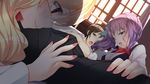  16:9 1boy 2girls blonde_hair blush eleonora_vletoblood game_cg glasses hinasaki long_hair maternity_monsters!_~dekichaimashita!~ multiple_girls nail_polish pink_eyes purple_eyes purple_hair tsukinashi_maya 