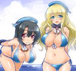  arms_behind_back atago_(kantai_collection) beach bent_over bikini black_gloves black_hair blonde_hair blue_bikini blue_eyes blue_hat blush body_blush breasts cleavage gloves hanging_breasts hat kantai_collection large_breasts long_hair looking_at_viewer multiple_girls navel ocean okitakung open_mouth red_eyes shiny shiny_skin short_hair side-tie_bikini smile strap_gap swimsuit takao_(kantai_collection) water 