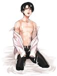  bad_id bad_pixiv_id black_hair cream dress_shirt levi_(shingeki_no_kyojin) licking_lips male_focus masa_ashe navel nipples off_shoulder open_clothes open_fly open_mouth open_shirt seiza sexually_suggestive shingeki_no_kyojin shirt sitting solo suggestive_fluid tongue tongue_out unzipped white_background 