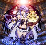  amane_(funfun) bare_shoulders book bookshelf boots breasts character_request cleavage detached_sleeves horns large_breasts long_hair looking_at_viewer magic_circle makai_gakuen_catastrophe nail_polish navel purple_hair red_eyes skirt smile solo thigh_boots thighhighs very_long_hair 