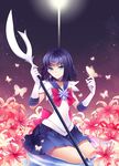  back_bow bangs bishoujo_senshi_sailor_moon blue_eyes bow bug butterfly choker earrings flower gloves holding holding_spear holding_weapon insect jewelry large_bow light_smile polearm purple_hair purple_sailor_collar purple_skirt red_bow rukun00 sailor_collar sailor_saturn sailor_senshi_uniform sitting skirt solo spear spider_lily star star_choker tiara tomoe_hotaru water weapon white_gloves 