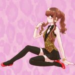  adapted_costume alternate_hairstyle animal_print bespectacled black_legwear bracelet brown_eyes brown_hair cosplay earrings fate/extra fate/extra_ccc fate_(series) gilgamesh gilgamesh_(cosplay) glasses jewelry kishinami_hakuno_(female) leopard_print long_hair michino ponytail solo thighhighs 