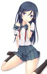  aragaki_ayase banned_artist black_hair black_legwear blue_eyes collarbone head_tilt highres long_hair long_legs looking_at_viewer n.g. neckerchief no_shoes off_shoulder open_mouth ore_no_imouto_ga_konna_ni_kawaii_wake_ga_nai pleated_skirt school_uniform serafuku shirt short_sleeves simple_background sitting skirt socks solo very_long_hair wariza white_background 