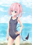  demon_tail nana_asta_deviluke one-piece_swimsuit orange_(meitoku) pink_hair purple_eyes school_swimsuit short_hair solo swimsuit tail to_love-ru twintails 