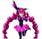  ;p arm_up bad_end_happy bad_end_precure black_bodysuit bodysuit covered_navel fingerless_gloves gloves long_hair one_eye_closed pink_eyes pink_hair pink_skirt precure sinko_(sinsin) skirt smile_precure! solo standing standing_on_one_leg tongue tongue_out twintails white_background yay!_yay!_yay! 