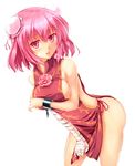  bandages bare_shoulders bent_over breasts bun_cover cuffs double_bun flower ibaraki_kasen large_breasts looking_at_viewer naked_tabard open_mouth pink_eyes pink_flower pink_hair pink_rose revealing_clothes rose shackles sideboob simple_background solo tabard tohoho_(hoshinoyami) touhou white_background 
