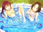  amakata_miho ball barefoot beachball bikini brown_eyes brown_hair free! highres long_hair matsuoka_gou multiple_girls partially_submerged ponytail red_eyes red_hair shinkuoh short_hair splashing spread_legs swimsuit wading_pool water water_gun 