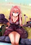 animal_ears breasts cat_ears cat_tail cleavage fangs grass green_eyes highres irohasu large_breasts looking_at_viewer original pink_hair smile solo tail 