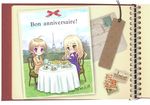  ahoge blonde_hair blue_sky blush booklet bookmark bouquet braid brown_hair cake chair city cloud collared_shirt creamer_(vessel) cup danish denmark dessert eiffel_tower flower food french grass hair_ribbon happy_birthday hungarian hungary landmark long_hair looking_at_viewer lynette_bishop multiple_girls necktie no_pants open_mouth outdoors paris perrine_h_clostermann photo_(object) plate postage_stamp purple_eyes ribbon shirt sitting sky smile strike_witches sweater table tablecloth tea teacup tiered_tray translated world_witches_series yellow_eyes yuni_(seifuku-san) 