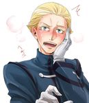  beepbeep blonde_hair blue_eyes blush fate/zero fate_(series) gloves hand_on_own_face kayneth_el-melloi_archibald male_focus solo surprised tears white_gloves 