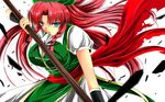  bad_id bad_pixiv_id beret blue_eyes bow braid breasts china_dress chinese_clothes dress hair_bow hat highres hong_meiling large_breasts long_hair nekominase open_mouth polearm red_hair solo spear touhou twin_braids very_long_hair weapon wristband 