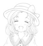  :d blush closed_eyes daiso facing_viewer forehead greyscale hat highres komeiji_koishi lineart monochrome open_mouth smile solo touhou upper_body 