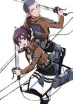  1girl brown_hair buzz_cut connie_springer emblem highres jacket llmonakall paradis_military_uniform ponytail sasha_braus shingeki_no_kyojin sword training_corps_(emblem) weapon 