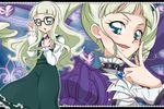  adjusting_eyewear aikatsu! aikatsu!_(series) black-framed_eyewear blush choker cravat dress dual_persona fangs fleur_de_lis glasses gloves green_eyes green_hair long_hair multiple_girls sinko_(sinsin) toudou_yurika twintails 