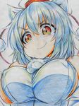 absurdres animal_ears bare_shoulders breasts close-up colored_pencil_(medium) covered_nipples hat highres inubashiri_momiji kitazinger large_breasts looking_down red_eyes short_hair smile smirk solo tokin_hat touhou traditional_media wolf_ears 