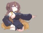  1girl absurdres alternate_breast_size anya_melfissa anya_melfissa_(1st_costume) blonde_hair blush breasts brown_hair cocomayo29_(tomato) commentary_request cropped_legs detached_sleeves gradient_hair hand_on_own_hip highres hololive hololive_indonesia jitome korean_commentary large_breasts long_hair long_sleeves looking_at_viewer micro_shorts multicolored_hair purple_eyes shorts sideboob simple_background solo streaked_hair two_side_up virtual_youtuber 