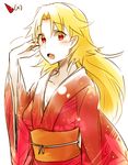  alternate_costume blonde_hair blush collarbone fang hand_in_hair horn hoshiguma_yuugi japanese_clothes kimono leaf_print long_hair long_sleeves looking_at_viewer no_horn obi open_mouth pointy_ears red_eyes red_kimono sash simple_background six_(fnrptal1010) solo touhou very_long_hair white_background wide_sleeves yukata 