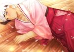  archer bad_id bad_pixiv_id blush brown_eyes dark_skin dark_skinned_male fate/stay_night fate_(series) headband highres japanese_clothes kimono male_focus petals solo washizu0808 white_hair 