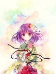  blush bouquet bow flower hair_flower hair_ornament hieda_no_akyuu japanese_clothes kimono purple_eyes purple_hair short_hair solo torii_sumi touhou 