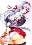  :o ass bangs blue_hair cowboy_shot eyebrows eyebrows_visible_through_hair from_behind hair_between_eyes hair_ribbon hairband highres japanese_clothes kantai_collection long_hair long_sleeves looking_back panties purple_eyes red_skirt ribbon shoukaku_(kantai_collection) sidelocks skirt solo_focus teruru underwear white_panties 