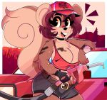 2024 absurd_res amber_eyes anthro arm_tuft band-aid band-aid_on_face bandage bandage_on_face belt big_breasts blush bodily_fluids bottomwear breasts brown_body brown_fur buckteeth car cheek_tuft chest_tuft clothed clothing digital_media_(artwork) elbow_tuft eyebrow_through_hair eyebrows eyelashes facial_tuft female fingers fur gas_pump gloves grease hair handwear hat headgear headwear hi_res legwear looking_at_viewer mammal open_mouth purple_hair rodent sciurid shelly_b&eacute;lier short_hair shorts shoulder_tuft smile solo tail teeth tongue topwear translucent translucent_hair tree_squirrel tuft vehicle wireless_shiba