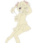  1girl ;d arm_up blush bow cardigan collared_shirt feet_out_of_frame hair_between_eyes hair_bow kneehighs knees_together_feet_apart long_hair looking_at_viewer love_live! love_live!_school_idol_project monochrome nico_nico_nii one_eye_closed pleated_skirt red_bow red_eyes rinndouk shirt simple_background skirt smile socks solo spot_color teeth twintails upper_teeth_only white_background yazawa_nico 