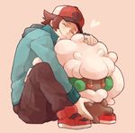  baseball_cap brown_hair closed_eyes gen_5_pokemon hat hug ikra_(katacoly) jacket male_focus pokemon pokemon_(creature) pokemon_(game) pokemon_bw smile touya_(pokemon) whimsicott 