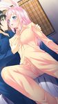  1girl animal_ears blue_eyes blush breasts bunny_ears game_cg hinasaki inabashiro_hakua large_breasts long_hair maternity_monsters!_~dekichaimashita!~ pajamas pink_hair 