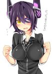  blush breasts eyepatch fang headgear kantai_collection large_breasts open_mouth purple_hair short_hair solo suurin_(ksyaro) sweatdrop tenryuu_(kantai_collection) translated yellow_eyes 