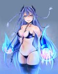  bikini black_legwear blue_eyes blue_fire blue_hair breasts chain collar fangs fingernails fire highres horns irohasu long_fingernails looking_at_viewer medium_breasts original panties side-tie_bikini side-tie_panties slave smile solo swimsuit thighhighs underwear 