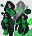  1girl absurdres artist_name asymmetrical_gloves black_bodysuit black_gloves black_hair bodysuit breasts colored_skin english_text fire gabriel_ales gloves glowing glowing_eyes green_bodysuit green_eyes green_fire green_gloves green_jacket grey_background grey_skin highres jacket kim_possible_(series) large_breasts long_hair looking_to_the_side mismatched_gloves multiple_views open_clothes open_jacket shego signature simple_background smoke speech_bubble two-tone_bodysuit 