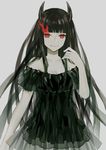  bangs bare_shoulders black_gold_saw black_hair black_rock_shooter blunt_bangs breasts burning_eye cleavage collarbone dress horns light_smile long_hair looking_at_viewer medium_breasts red_eyes rukun00 simple_background solo very_long_hair 