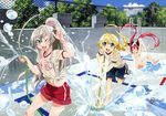  &gt;_&lt; 2girls :d ;d ahoge alternate_hairstyle blonde_hair blue_eyes blush braid broom chain-link_fence cleaning closed_eyes cthugha_(nyaruko-san) empty_pool fence green_eyes grey_hair haiyore!_nyaruko-san hastur_(nyaruko-san) highres hose huge_ahoge long_hair multiple_girls nyarlathotep_(nyaruko-san) official_art one-piece_swimsuit one_eye_closed open_mouth otoko_no_ko ponytail pool pool_ladder red_hair school_swimsuit shorts smile splashing swimsuit takiyama_masaaki tripping twintails water wet wet_clothes white_school_swimsuit white_swimsuit 