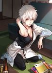  book breasts cleavage genderswap genderswap_(mtf) gintama hadanugi_dousa japanese_clothes kimono long_sleeves masa_ashe medium_breasts red_eyes sakata_gintoki short_sleeves silver_hair solo white_hair 